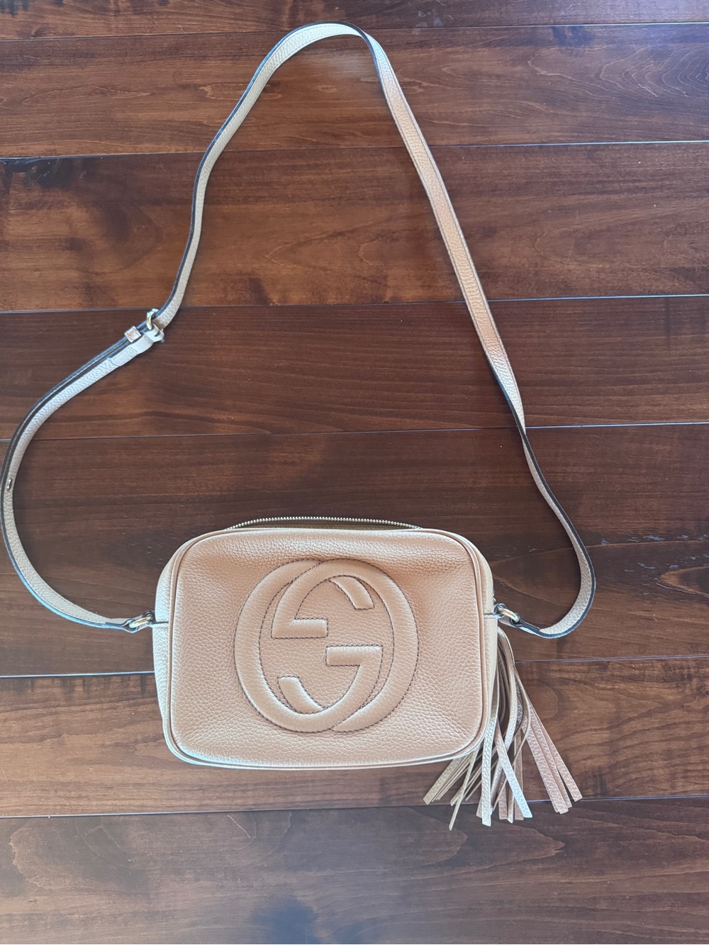 Gucci Beige Pebbled Leather Crossbody with Tassel
